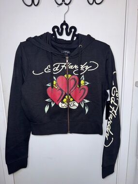 NWT Ed Hardy Black Zip Hoodie with Red Heart Tattoo Graphic